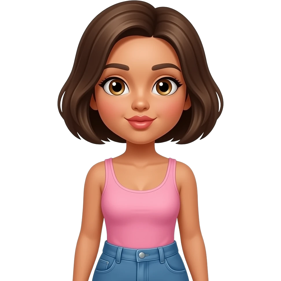 Diva Hazel eyes, tanned skin. Dark blonde very short hair. Pink singlet. Blue jeans. Waist up. Smiling with eyes and blowing kiss emoji