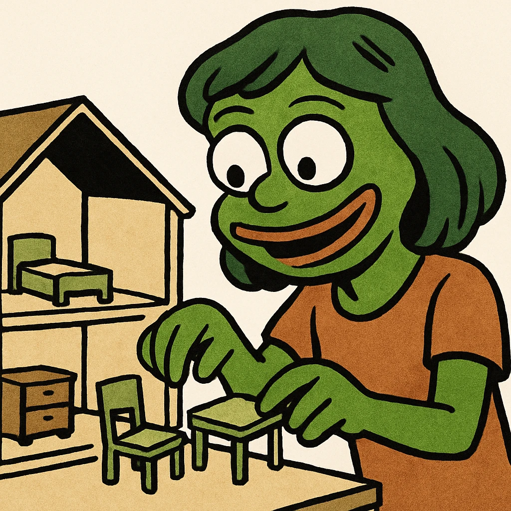 smiling girl arranging furniture in doll house emoji
