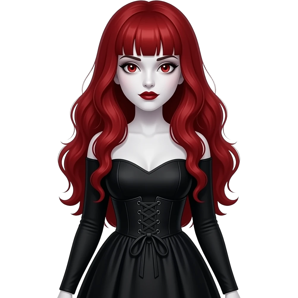 Vampiro femmina con pelle bianca capelli lunghi  rossi ondulati e la frangetta che indossa un abito stretto in vita e largo sotto lungo nero con maniche lunghe che si vede tutto emoji