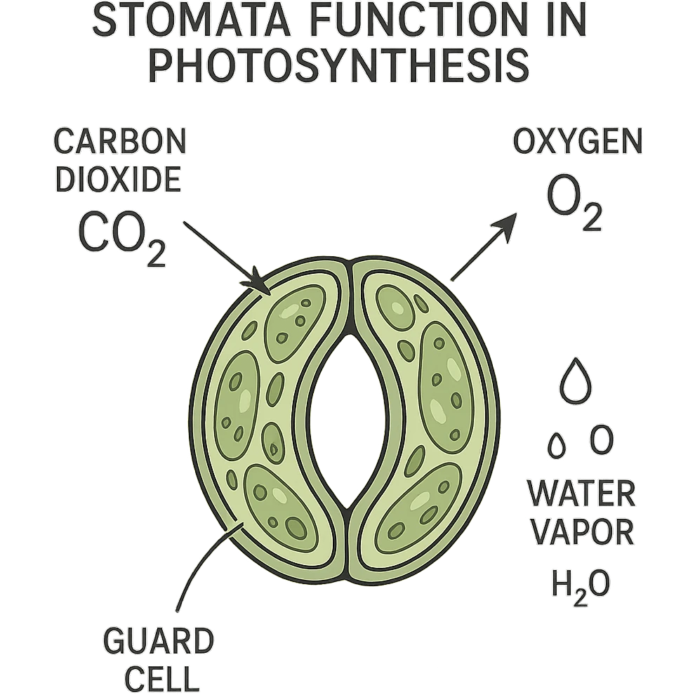 highly scientific, detailed, and labeled illustration focusing on stomata function in photosynthesis, showing gas exchange, guard cells, and molecular movement, no background, transparent emoji