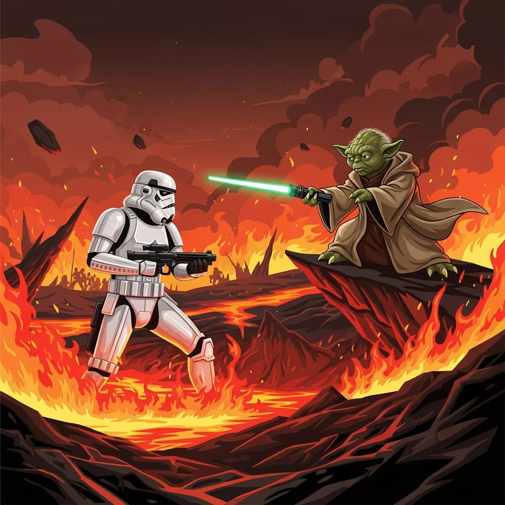 vector art of a Starwars stormtroopers is walking on lava planet with yoda, battleground background 
 emoji