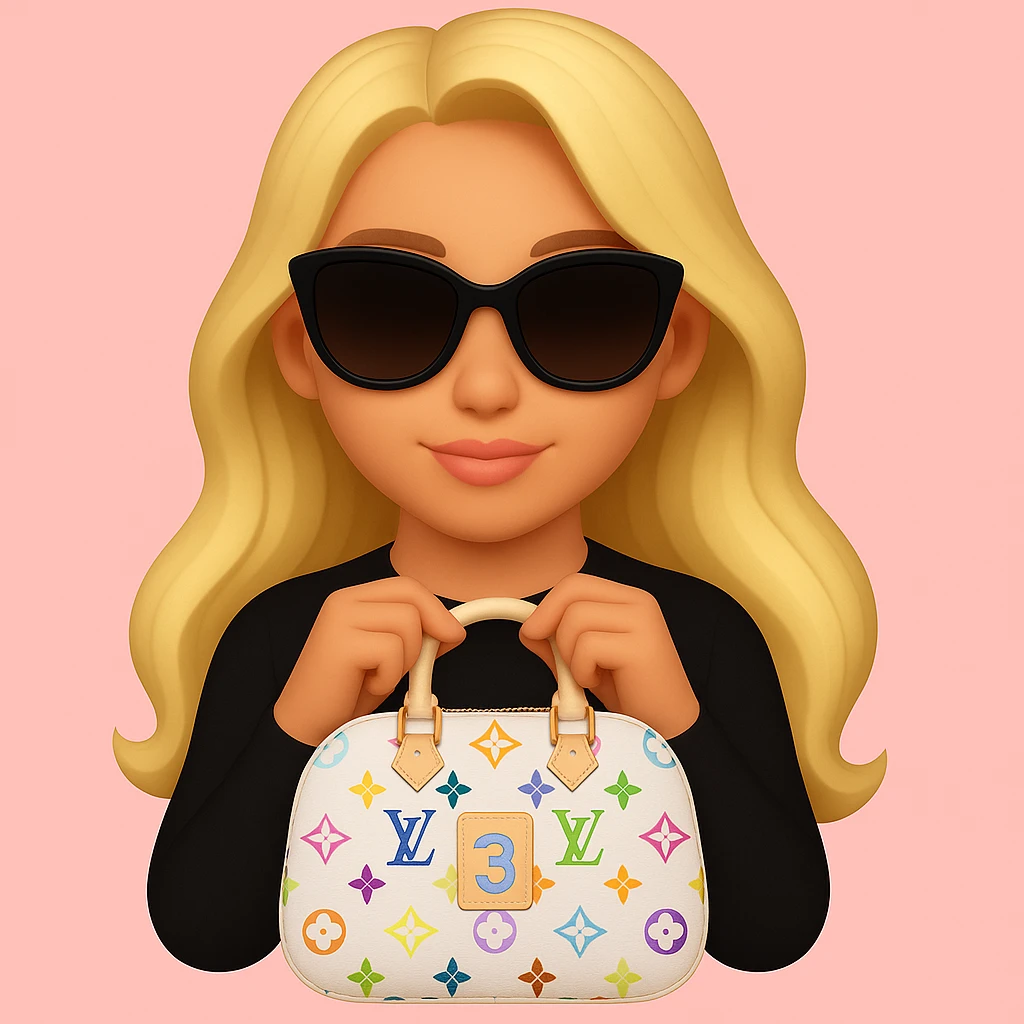 Remove all jewelry, make her lips a lighter pink, adjust her skin tone to be slightly more tan, and change the Louis Vuitton bag to a Speedy 30 Multicolore in white with rainbow monogram. Keep the pink background and sunglasses. emoji