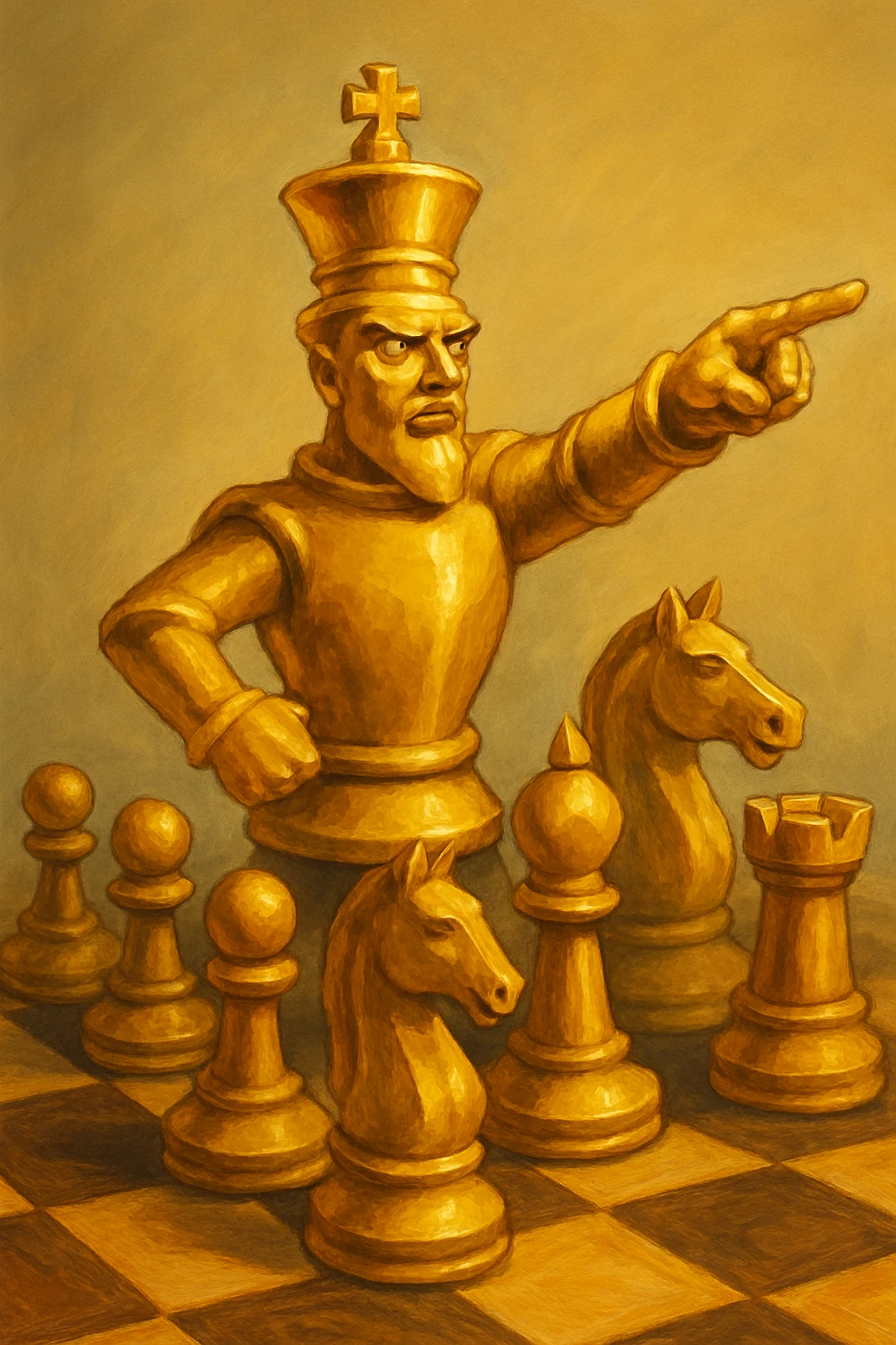 В cлегка рисованной, но при этом объемной, яркой и фотореалистичный стилистике сгенерируй картинку где по центру стоит шахматный король сделанный из качественного золота, он указывает пальцем в даль как военноначальник, а рядом фигуры пешек, конь, ладья, слон идут в атаку, на полу виднеется шахматная доска, фон позади фигур однотонный emoji