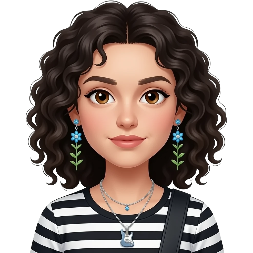 curly black haired 21 year old girl with brown wide almond eyes, a soft greek nose, oval face with strong chin and jawline. accessories : sparkling blue herbarium studd earrings by pandora, and electric guitar silver necklace. wearing striped black and white shirt. in the style of IOS emojis emoji
