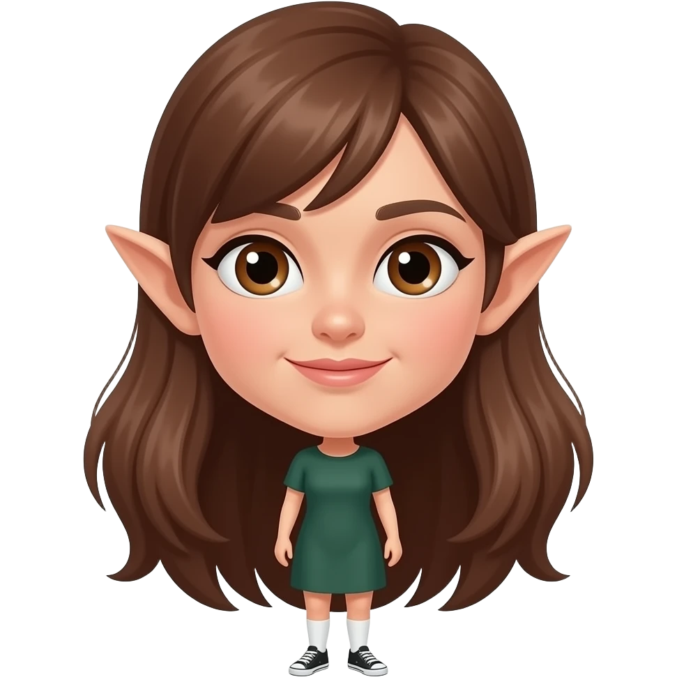 A white/fair skinned woman with brown hair, brown eyes and pointy ears, and wearing a dark green dress with white socks and black sneakers. emoji