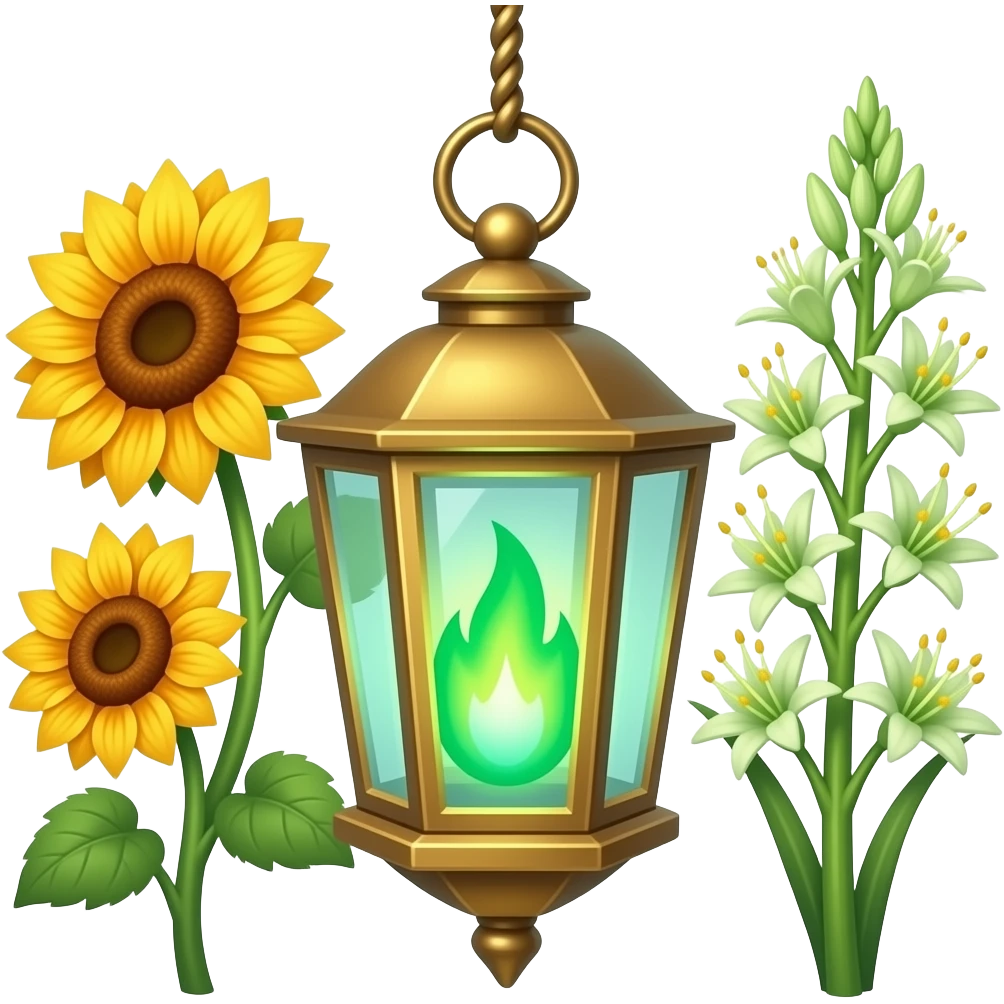 A golden hanging lantern with a bright emerald flames, an empty loop on top, fae themed sunflowers on the left and fully bloomed asphodels on the right as part of the design, but simple focus more on the green flames, paint the glass more green, have its bottom point come to some sort of point emoji