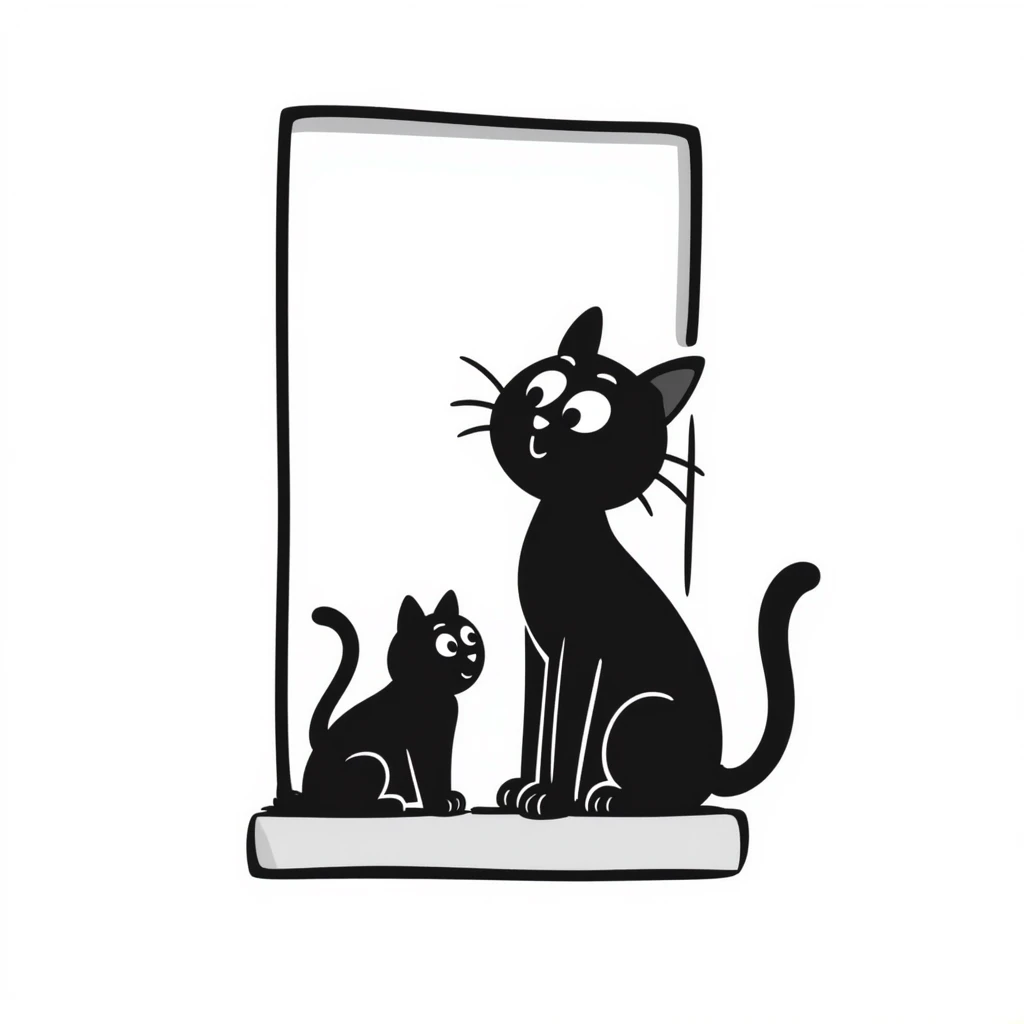 cat at a window with hand-drawn lines, playful emoji
