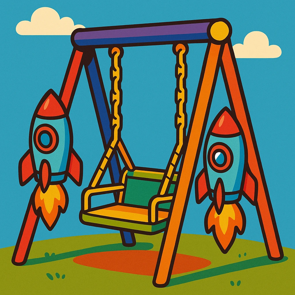 a children's swing with rockets mounted on both sides of the seat, whimsical style, vibrant toon style emoji