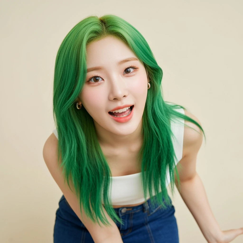 kpop girl with green hair, cute, expressive, minimal emoji