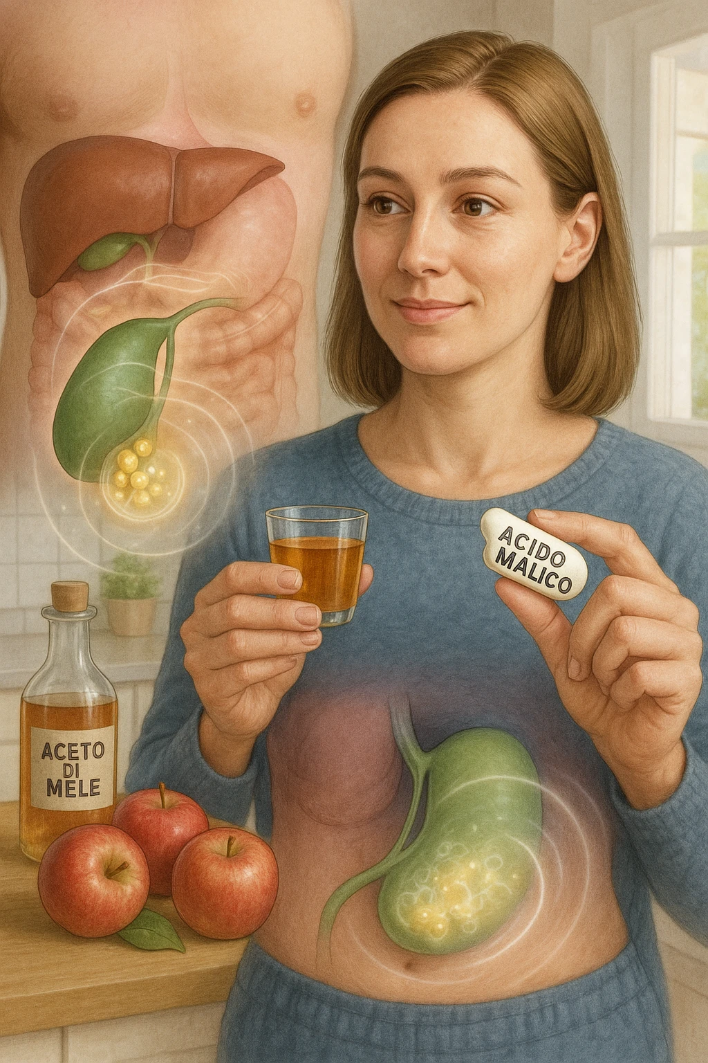 A detailed, realistic illustration or photo-style image showing a person holding a small glass of apple cider vinegar in one hand and a capsule labeled ‘Acido Malico’ in the other. In the foreground or as an overlay, a semi-transparent anatomical view of the abdomen highlights the gallbladder with visible small gallstones inside. Around the gallstones, gentle glowing waves or soft dissolving effects symbolize the softening or breakdown of the stones due to the natural acids. The person looks hopeful and calm, in a bright kitchen setting with fresh apples and natural health products on the counter. The overall mood is informative, natural, and hopeful about non-invasive, natural support for gallstone health in italiano emoji