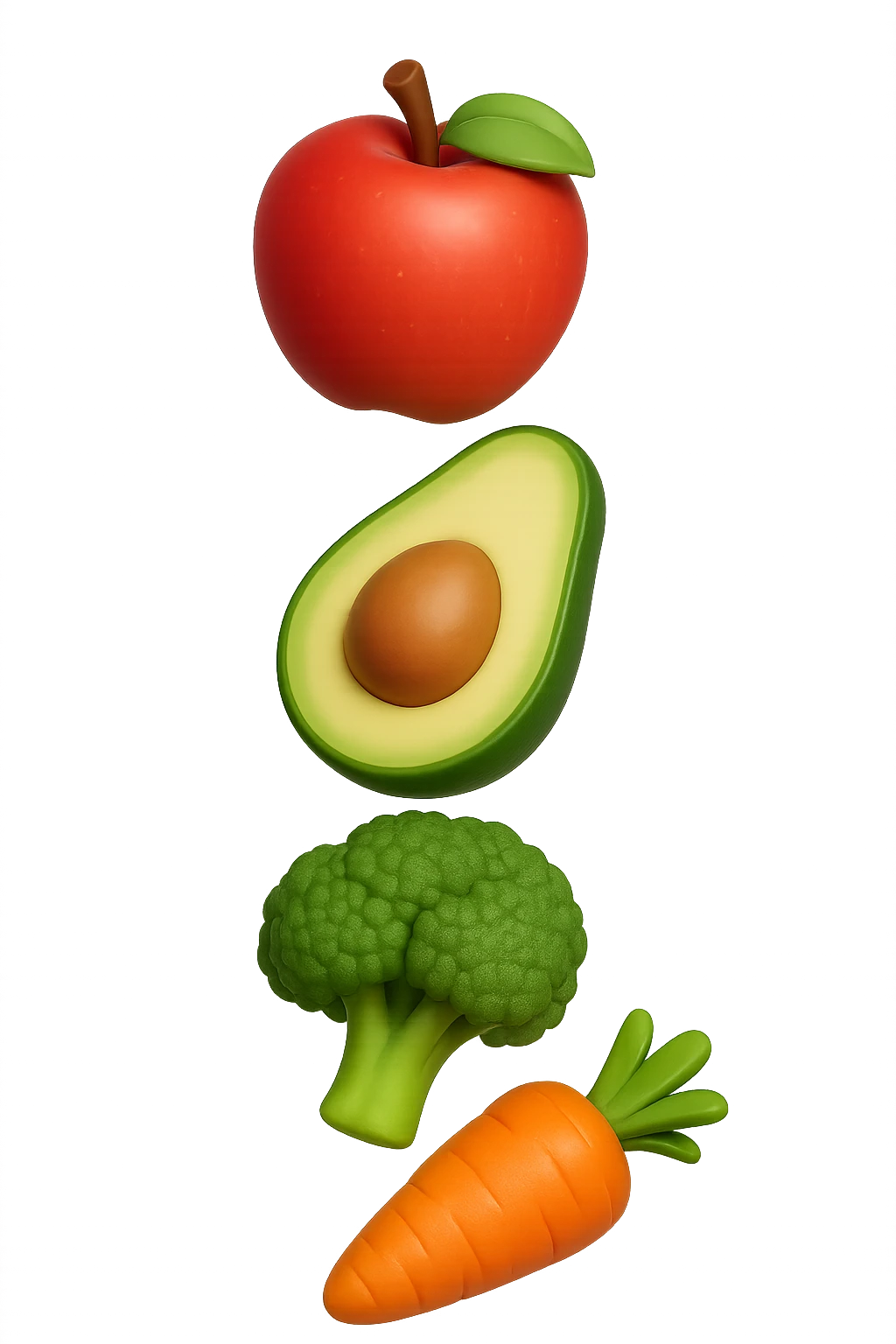 emoji stile iphone in 3d di cibo sano che fluttua in aria vericalmente, iperrealistico 4k emoji