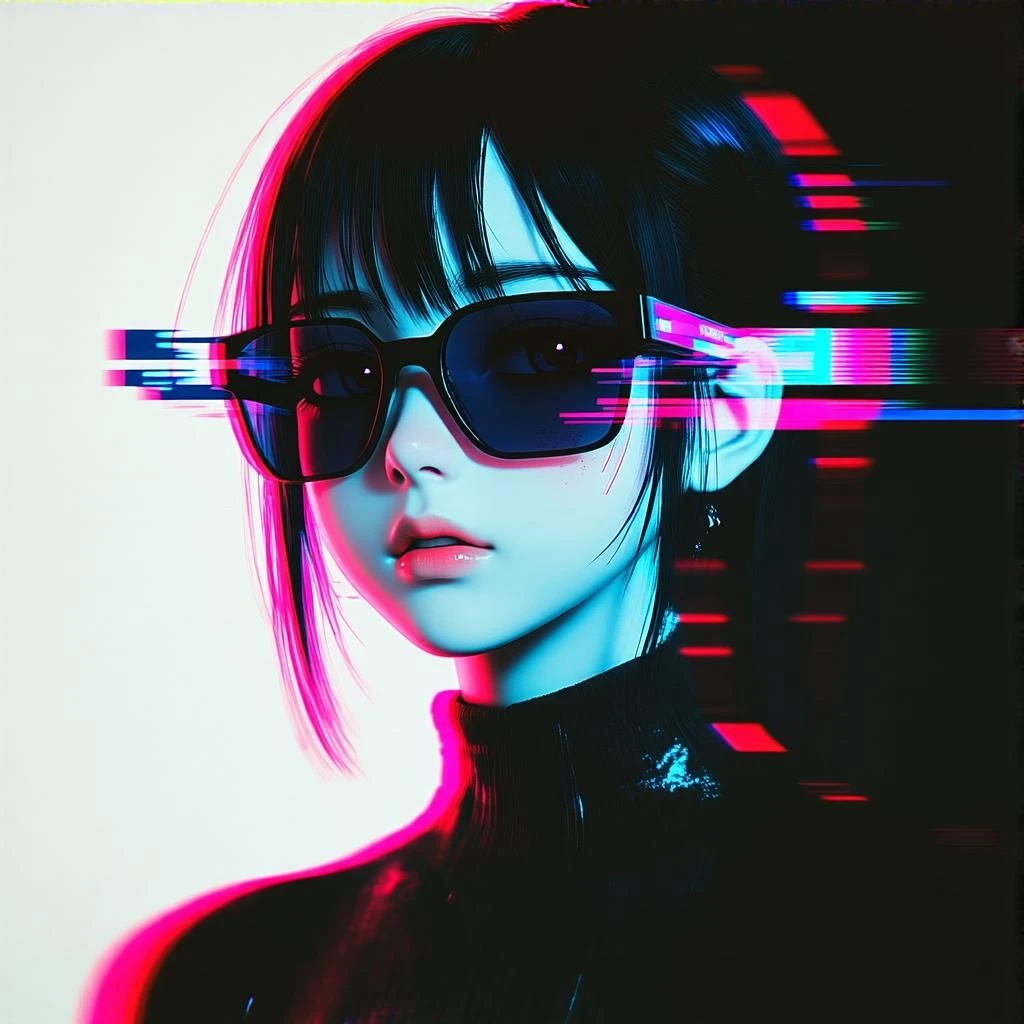 cyberwave glitch digital microscanner projection of a portrait of an anime girl wearing dark shades, cyber hologram, abstract, experimental glitchy brutalist graphicwave emoji