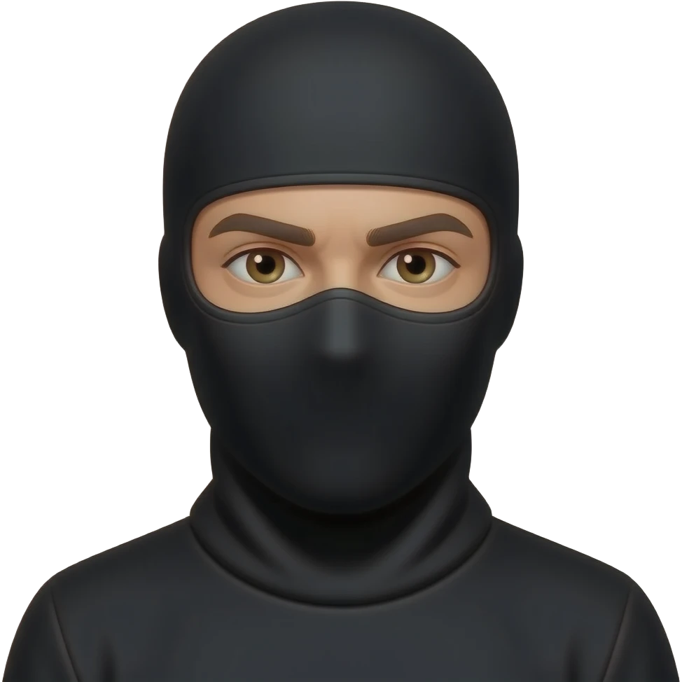 man with brown eyes wearing black clothes with a black balaclava emoji