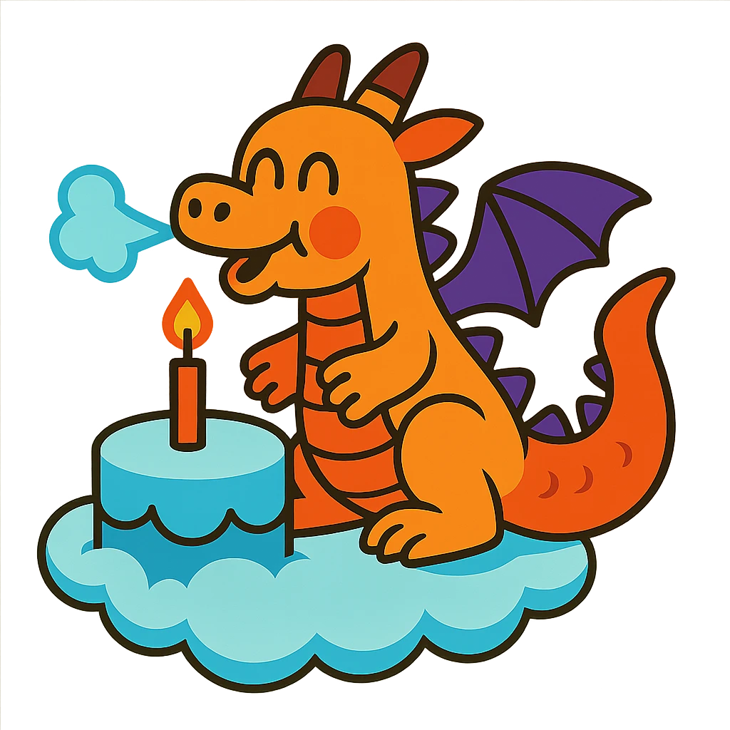 happy dragon blowing out 1 candle on cloud cake, vibrant-toon style emoji