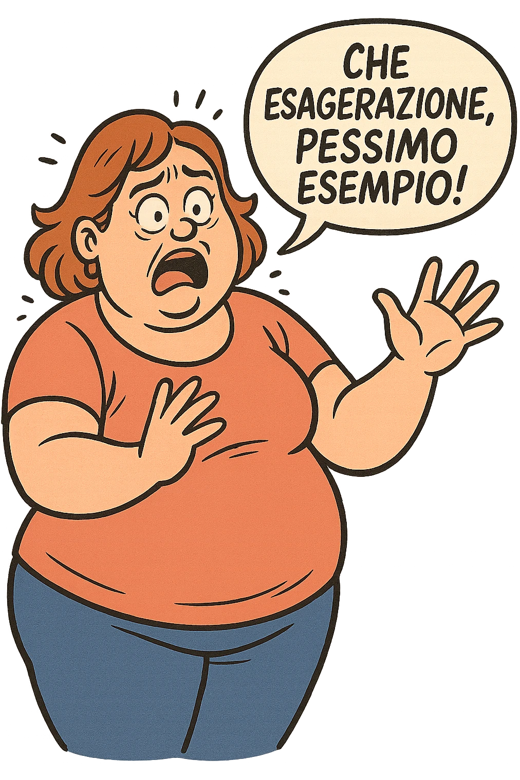 Donna grassa che dice scioccata "Che esagerazione, pessimo esempio!" emoji