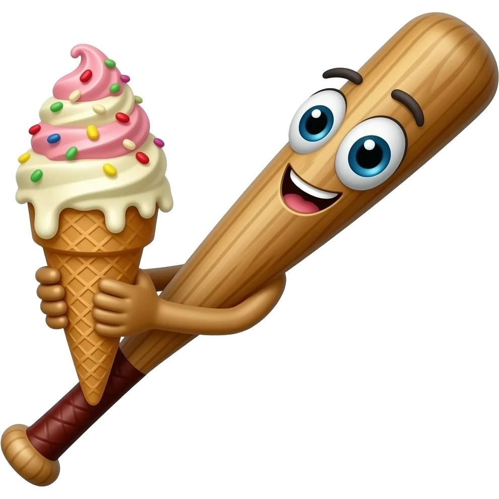 brown baseball bat with eyes mouth (make it not really a baseball bat n=more of a stick)eating icecream funny emoji