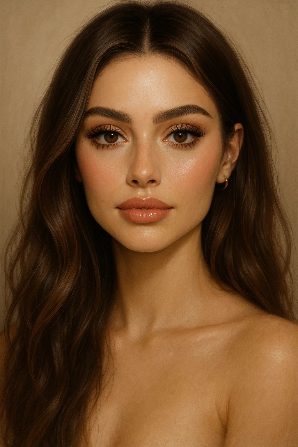 beauty illustration of a pretty girl with long brown hair, brown eyes, long lashes, nude lip liner, highlighter, blush, lip gloss emoji