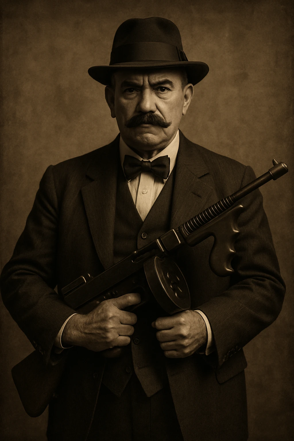 mafia boss, old-school 1920s style, bowtie, mustache, holding a tommy gun, vintage sepia background emoji