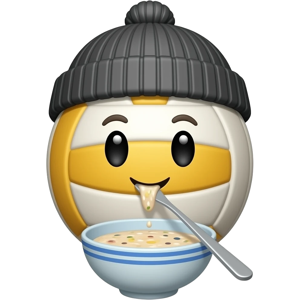 volleyball wearing a beanie eating from a bowl of porridge. just this. do not add anything else, i want the volleyball to have a face emoji