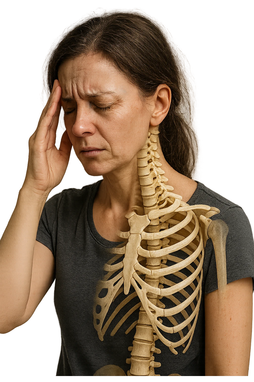 donna stanca che si tiene una mano sulla tempia con spina dorsale anatomica visibile, iperrealistico 4k emoji