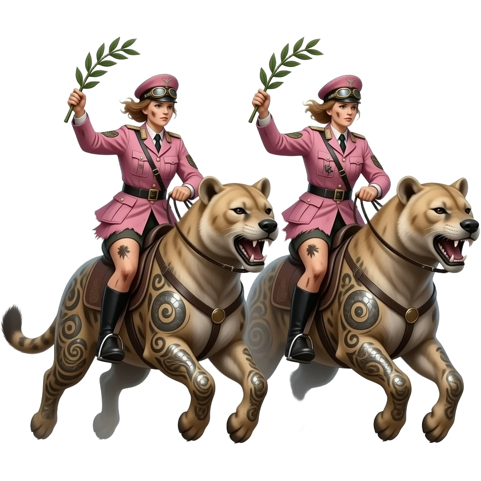 steampunk - two skinny and dirty female riders in pink German army uniforms from World War II ride in jumps on large tattooed hyenas with laurel branches in their hands emoji