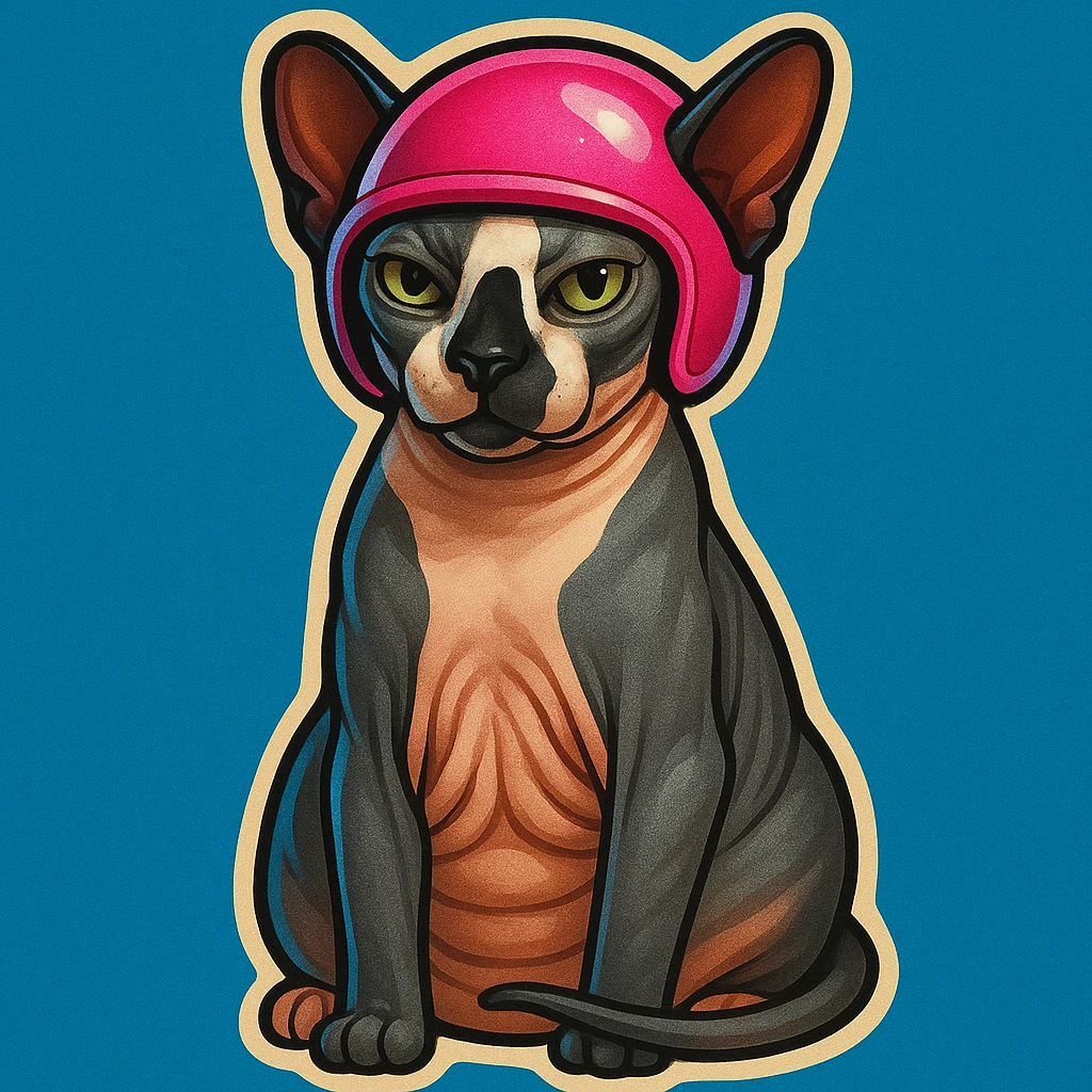 Canadian Sphynx cat with coloring as in the photo, sticker style, with a blue background, with a pink helmet emoji