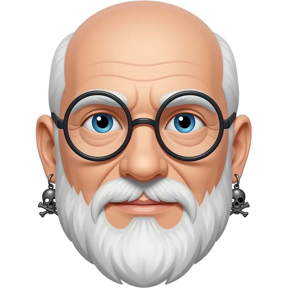 58 years old, white, no hair at all, white beard and round glasses, 2 pirate ear rings without skulls emoji