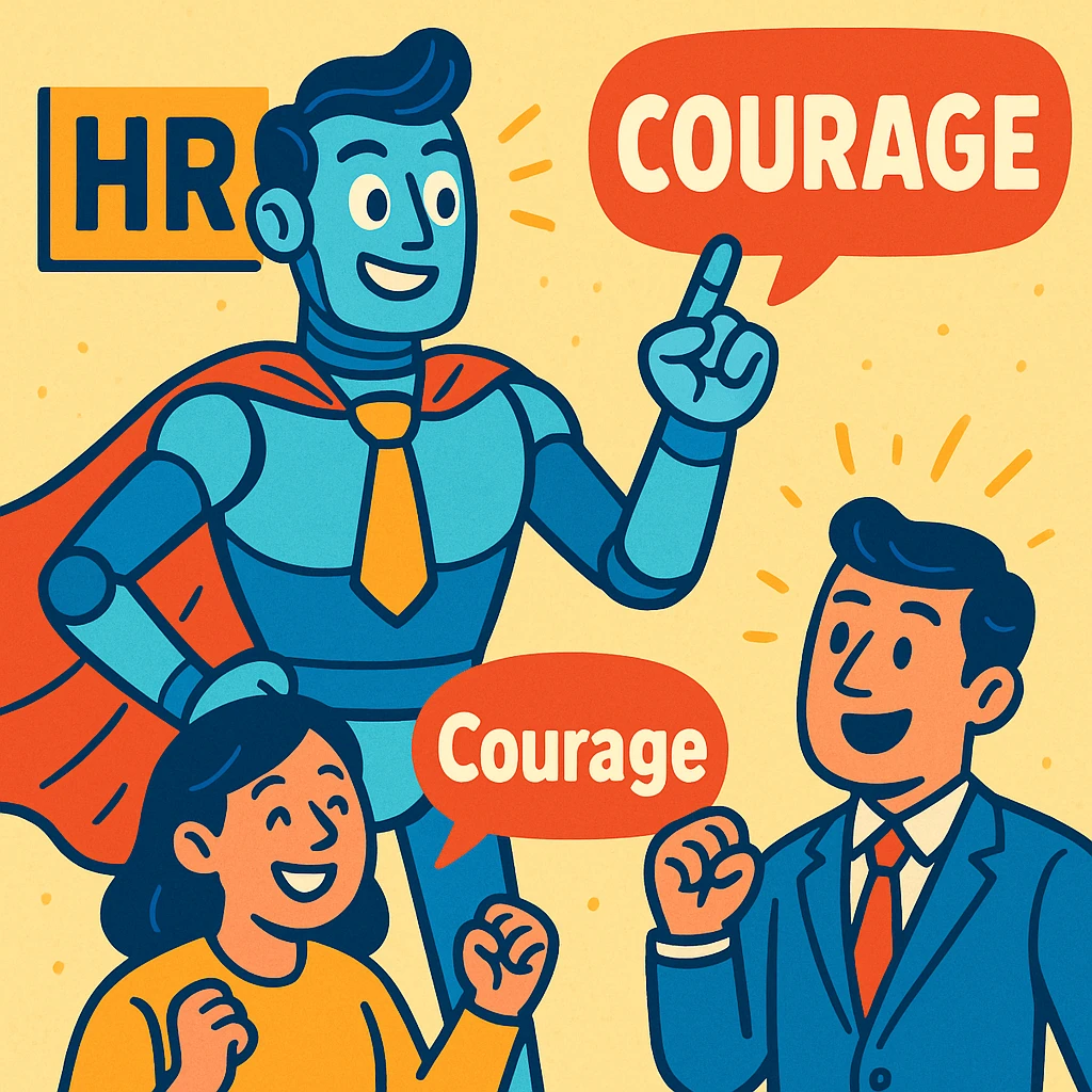 inspirierende männliche Roboterfigur mit menschlichen Zügen, die Mitarbeitende motiviert, im HR-Kontext Mut macht, freundlicher moderner Stil emoji