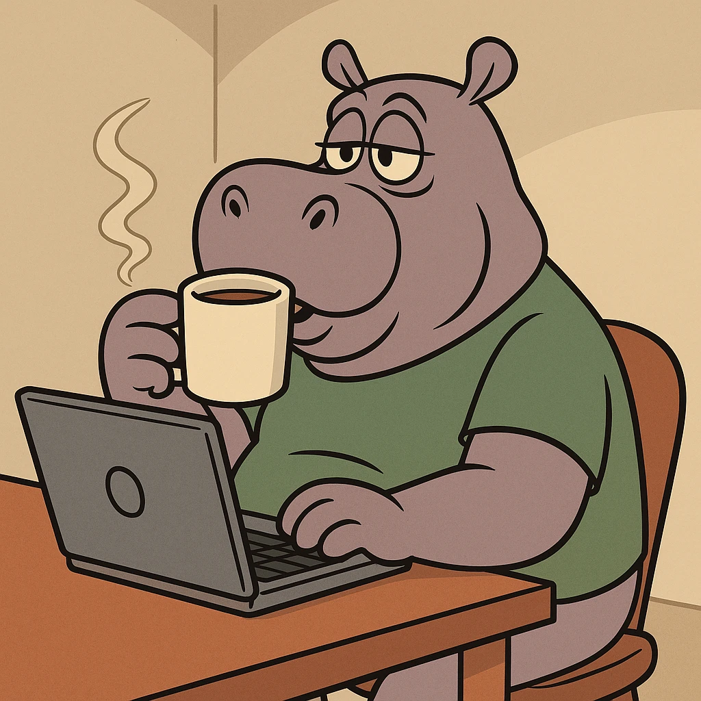 A cartoon hippo sitting at a laptop, drinking coffee, in the style of Looney Tunes. emoji