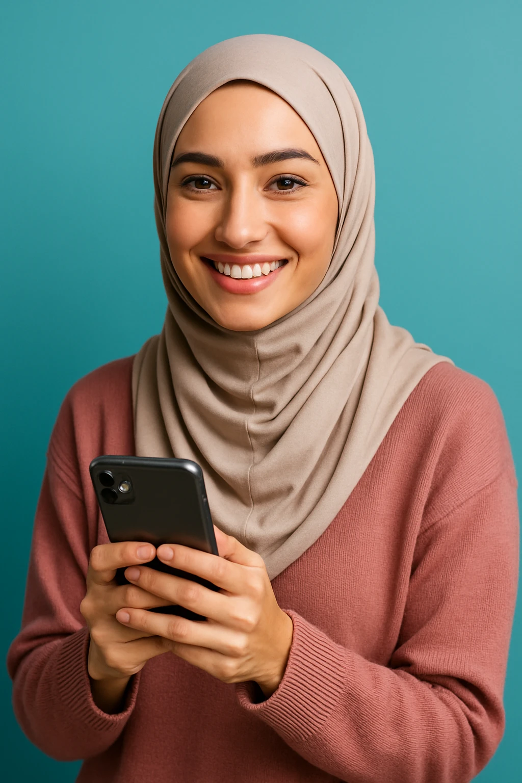 hijabi woman holding a phone, smiling at camera, friendly expression, modern style, clear facial features emoji