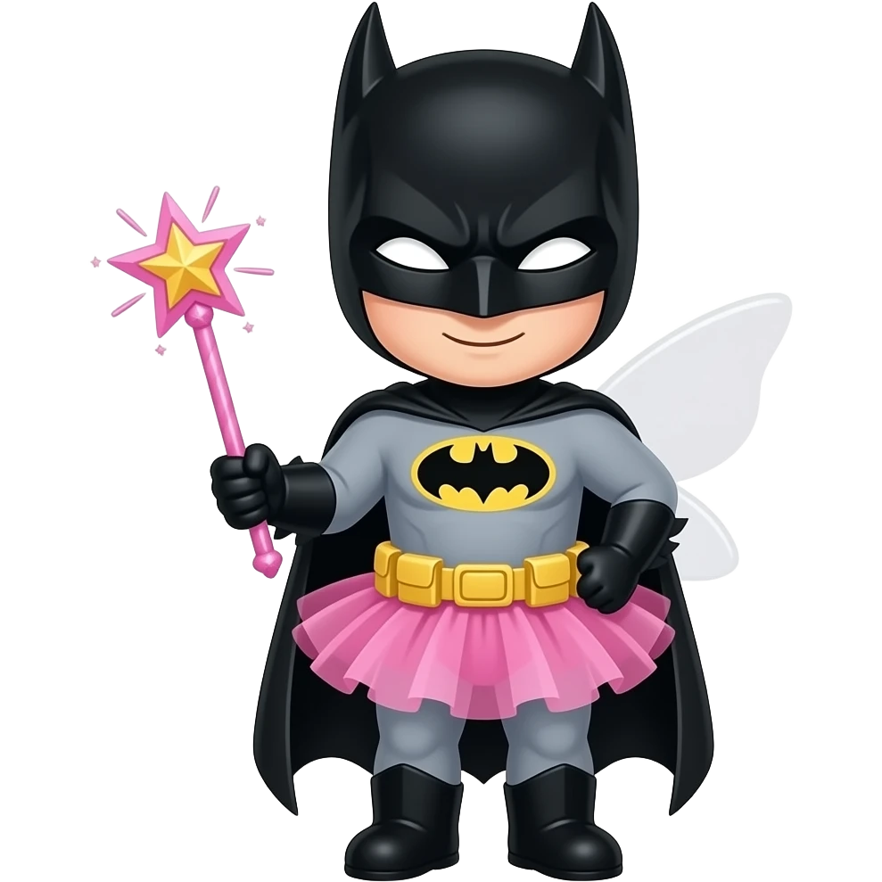happy batman in a pink tutu like a princess withno hair and no wings with his arms holding a pink fairy wand emoji