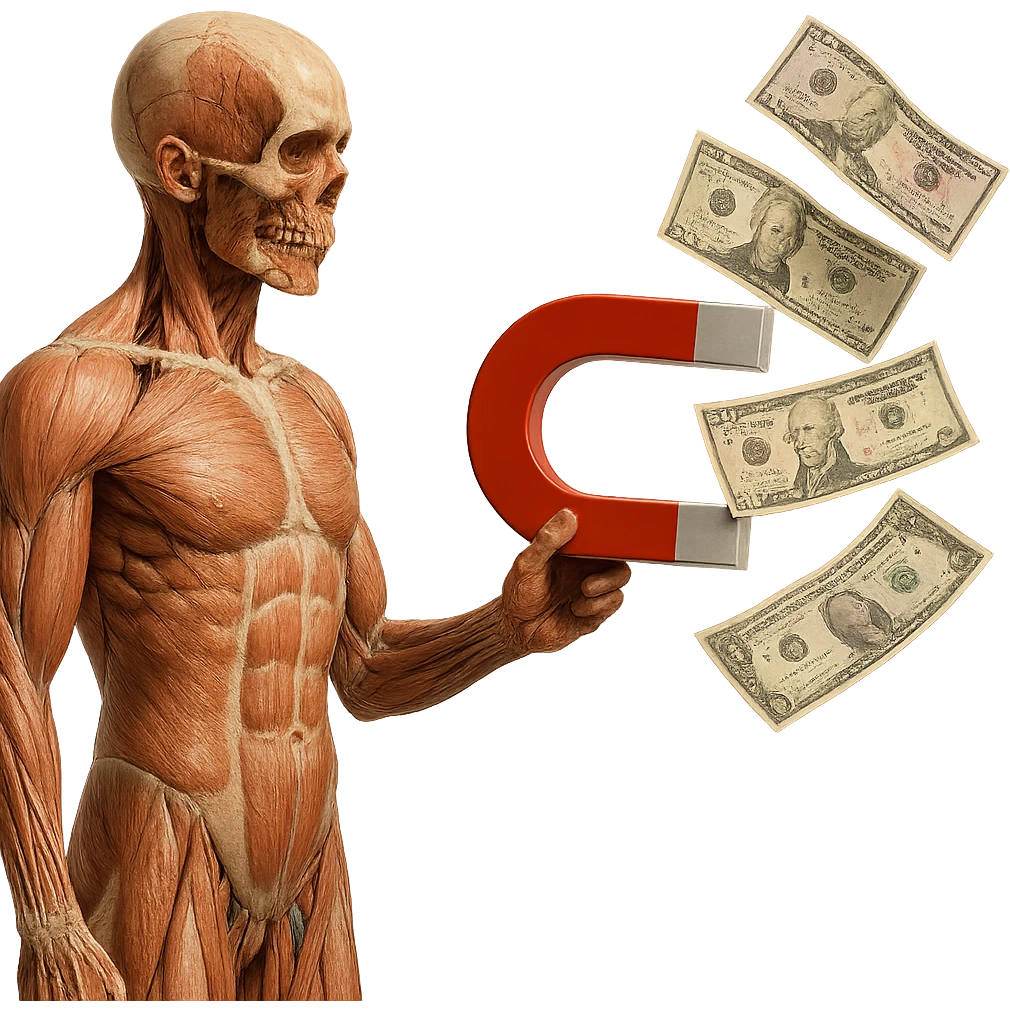 corpo umano anatomico con calamita rossa in mano che attira banconote, iperrealistica 4k, isolato su sfondo bianco emoji