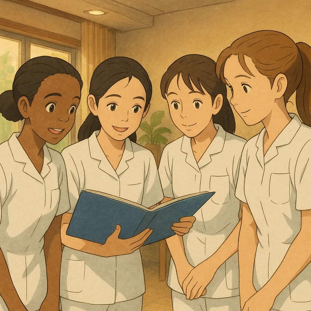 Group of four diverse nursing students inspired by photos, discussing a medical file, Ghibli style. White short-sleeve uniforms, V-neck, left chest pocket, no stethoscopes, bare forearms, long hair tied. Indoor scene, collaborative atmosphere. emoji