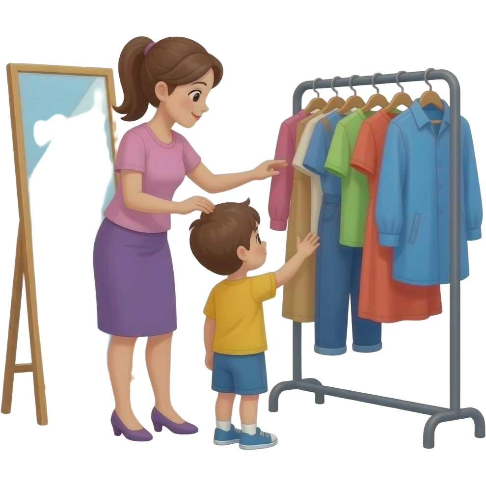 clothes assistent helping a kid with clothes in the fitting room emoji
