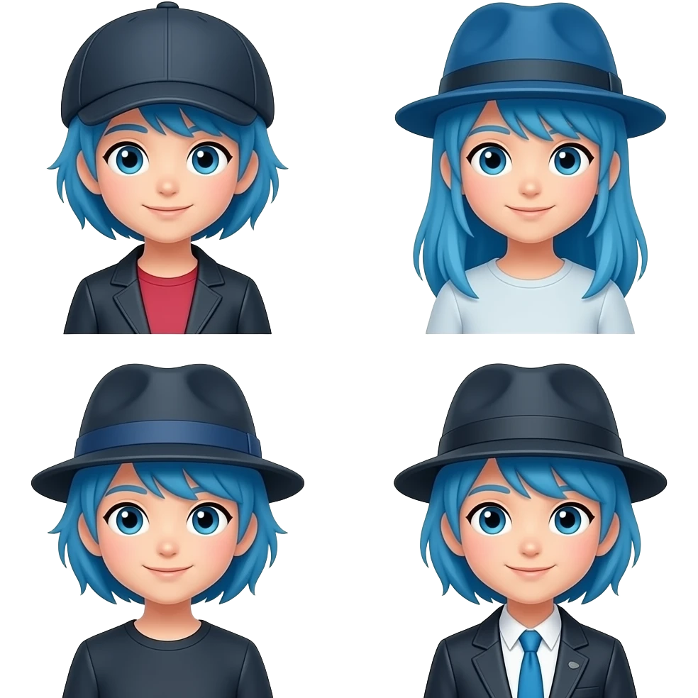 4 different characters people with blue hairs and wear hats emoji