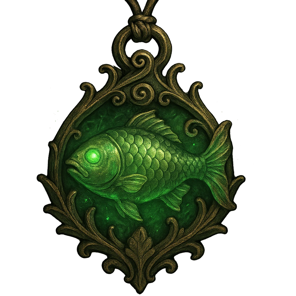 Elden Ring talisman, Green Fish, stylized as a magical amulet, glowing green accents, fantasy RPG style emoji
