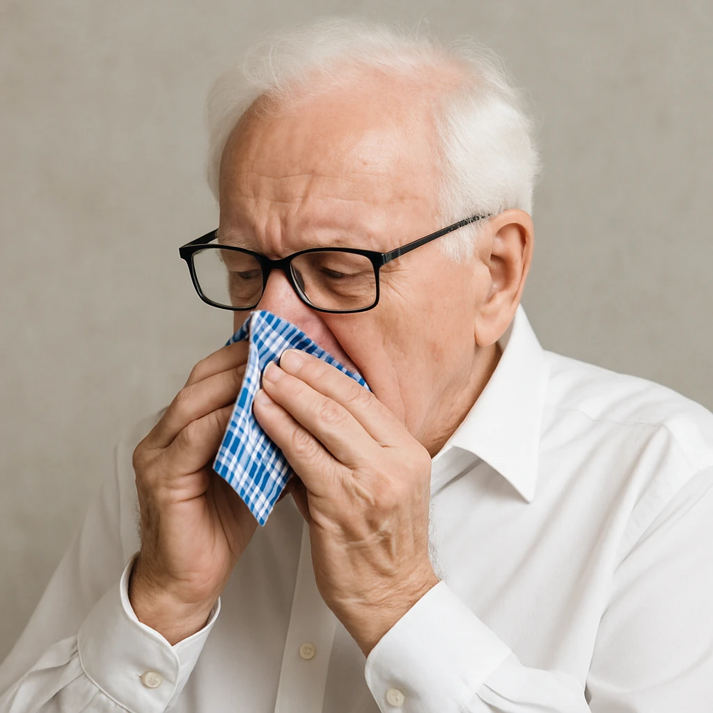 Make the handkerchief a little bit smaller while keeping the old man with white hair, white skin, black-framed glasses, wearing a white shirt, blowing his nose on the blue and white checkered handkerchief emoji