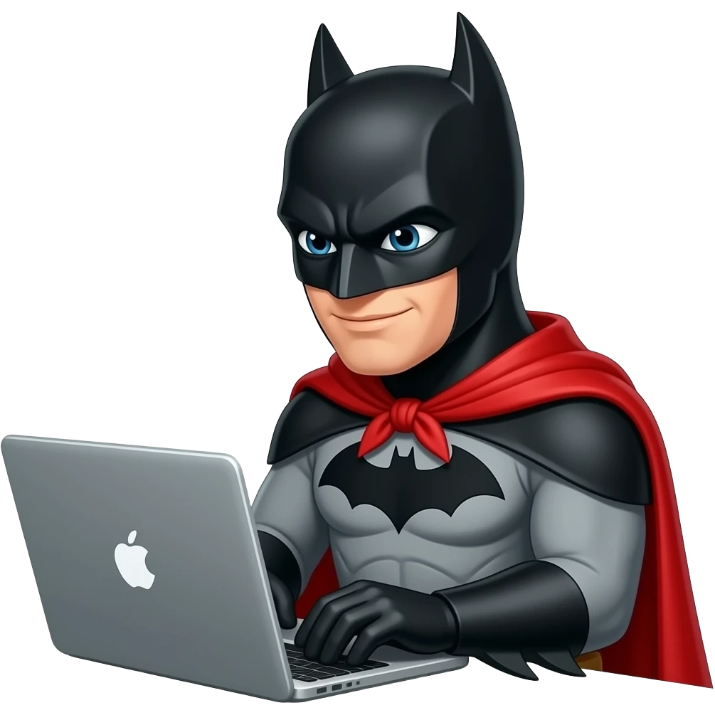 Batman with red robe working as a freelancer on a laptop emoji