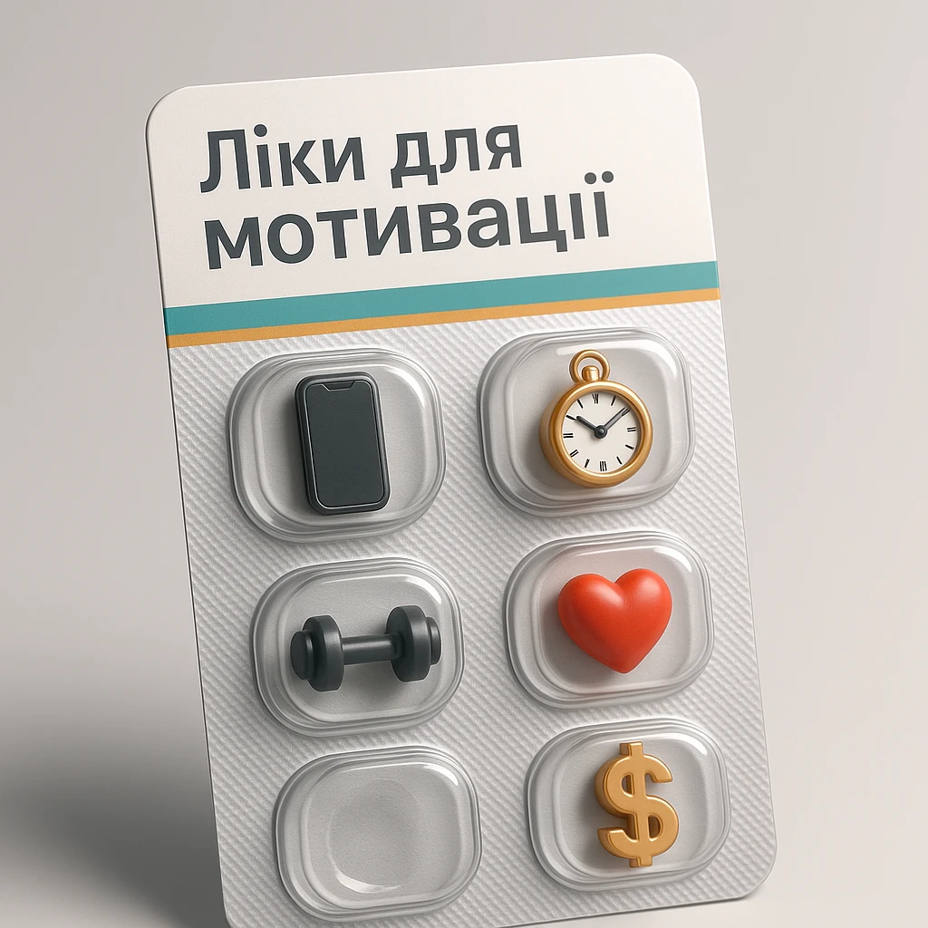 Create an ironic 3D illustration of blister pack tablets in the style of a pharmacy product, but with a satirical twist.
Instead of regular capsules, there should be miniature symbolic objects inside that represent a ‘cure’ for a specific modern problem, condition, or desire.
Title: "Ліки для мотивації". emoji