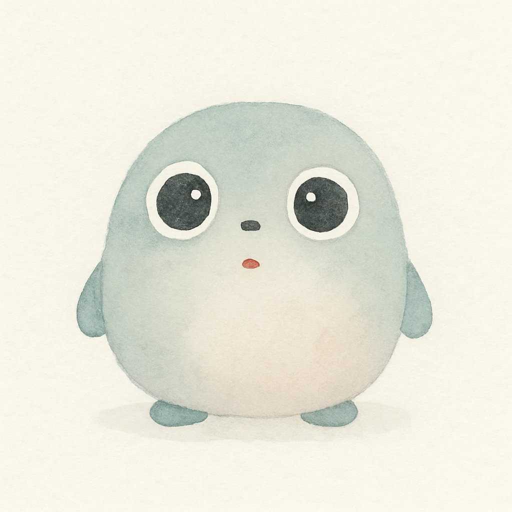 A cute and friendly cartoon character, a small round creature with big expressive eyes and a tiny mouth, with a round body and small limbs, in a watercolor painting style with soft edges and a dreamy atmosphere. emoji