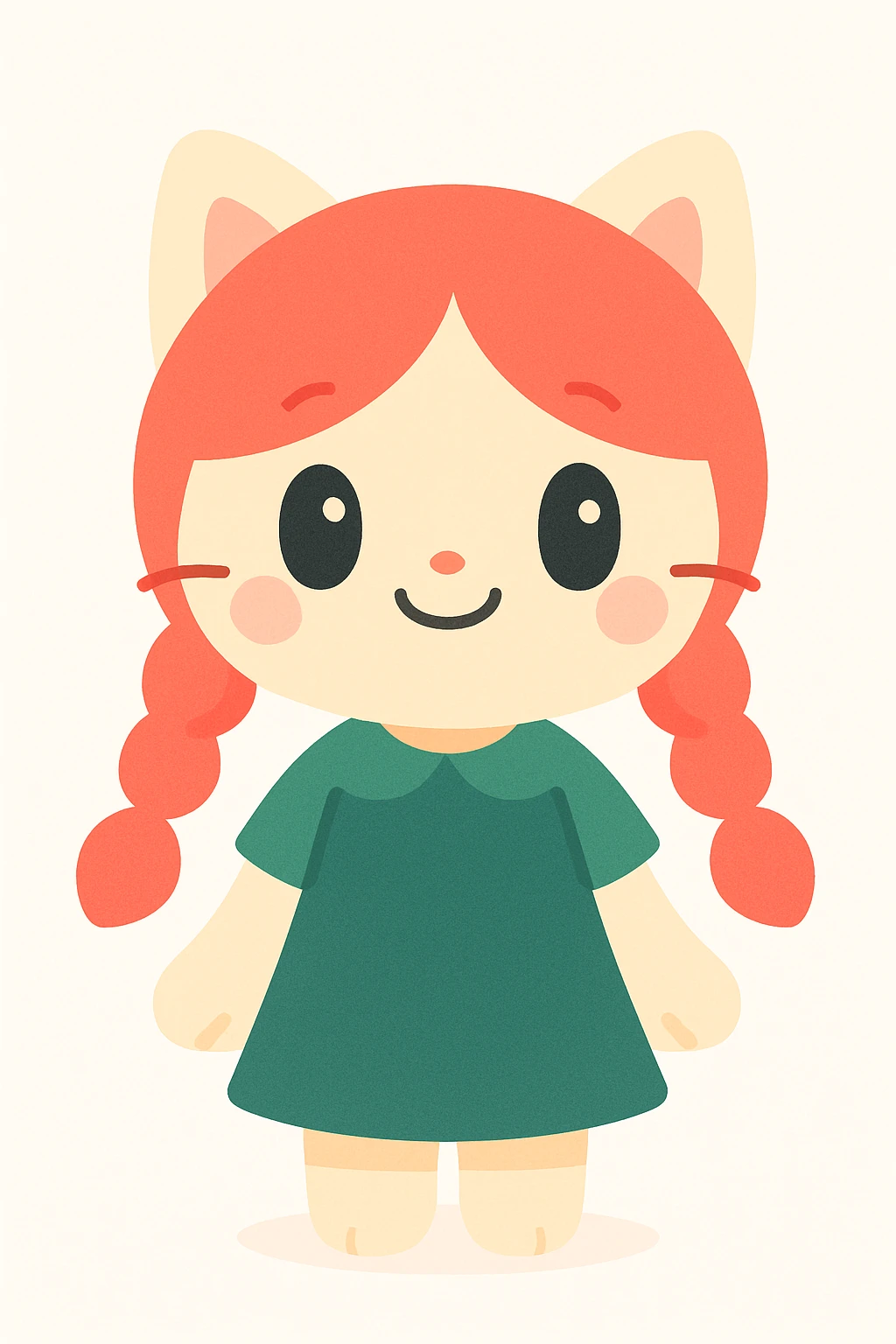 catgirl with vivid red twin braids, dark green dress, standing, friendly and whimsical, anime style emoji