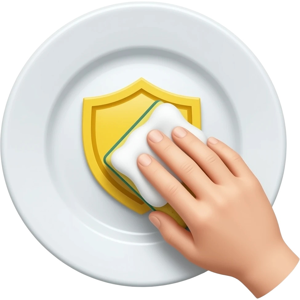 Emoji-style illustration of a sponge gently cleaning a dish with a shield icon, scratch-free cleaning, safe and soft, clean shiny plate, simple and clear composition emoji