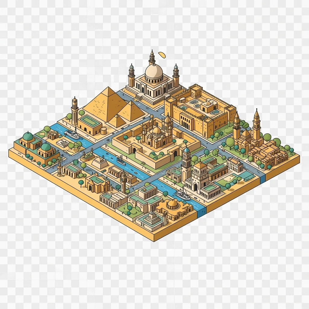 Isometric minimalistic illustration of Cairo, subtle 3D miniature effect and Tilt Shift effect, no cartoonish look, transparent background. emoji
