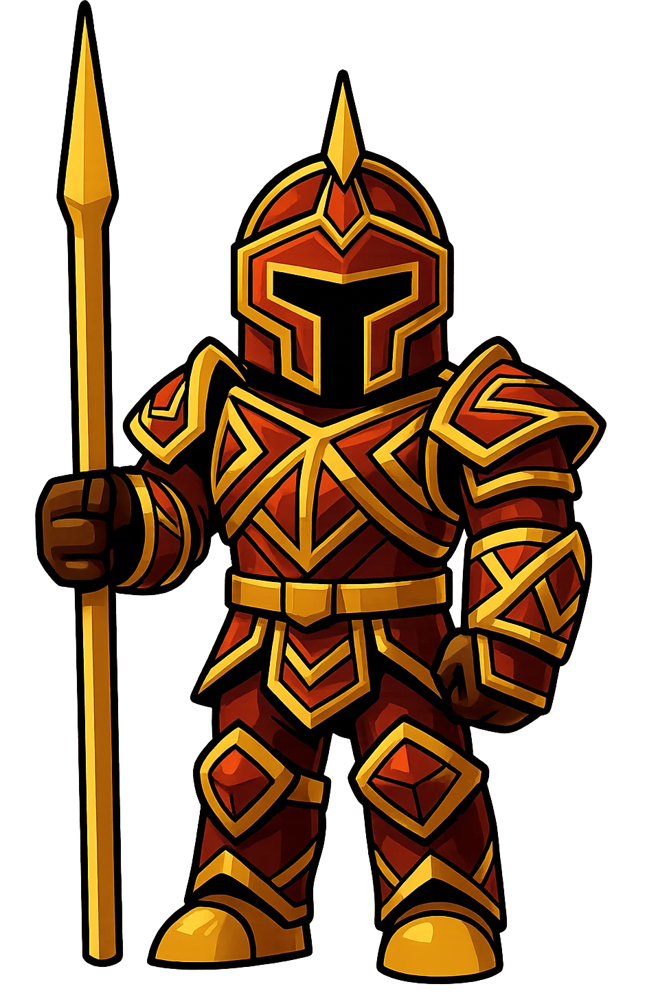 Extract only the character in gold and red armor with a staff (far right) from the image, place it on a transparent background, and keep the original Roblox style and appearance. emoji