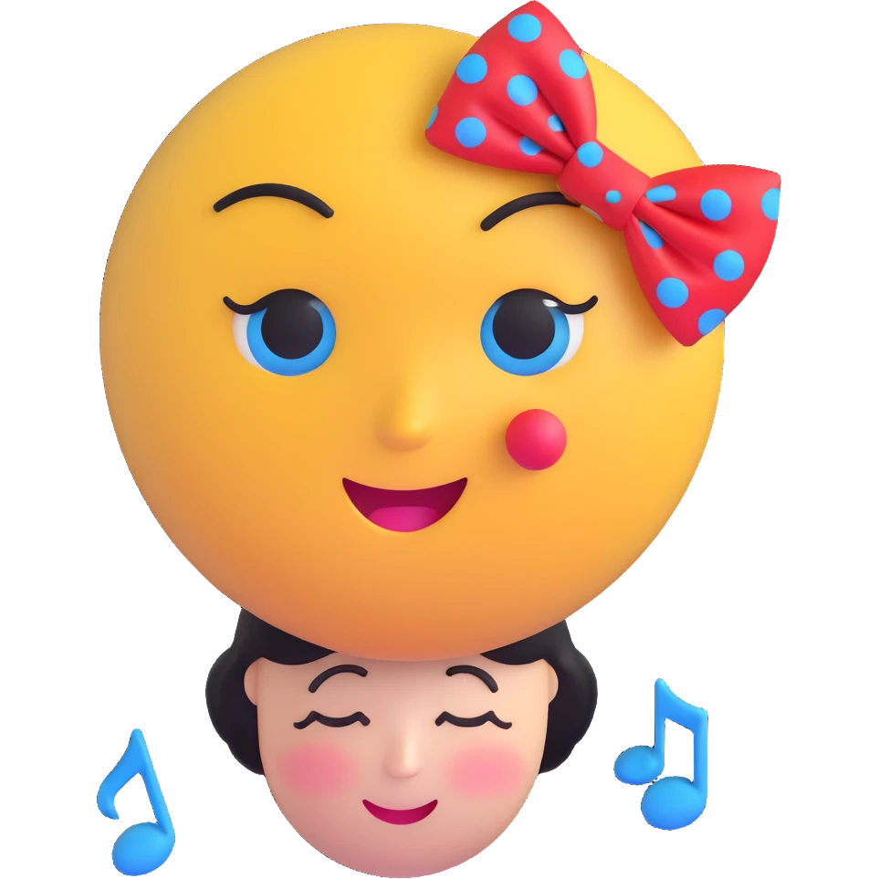 3D smiley emoji, large eyelashes, red polka dot bow, sleepy, half-closed eyes, blue eyes, musical notes emoji