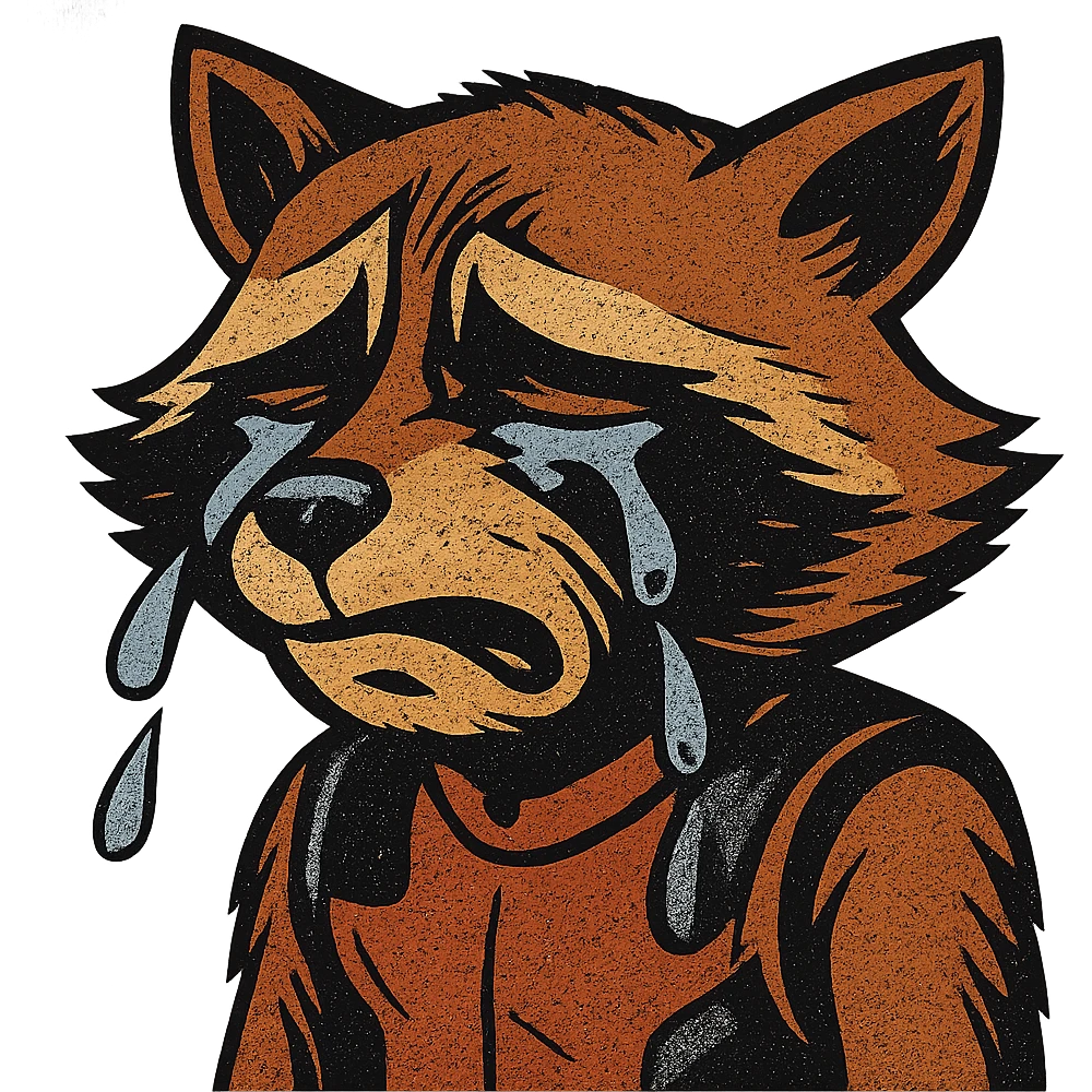 Remove the background from the image of the crying raccoon, keep only the character and make the background transparent in old school comic book style. emoji
