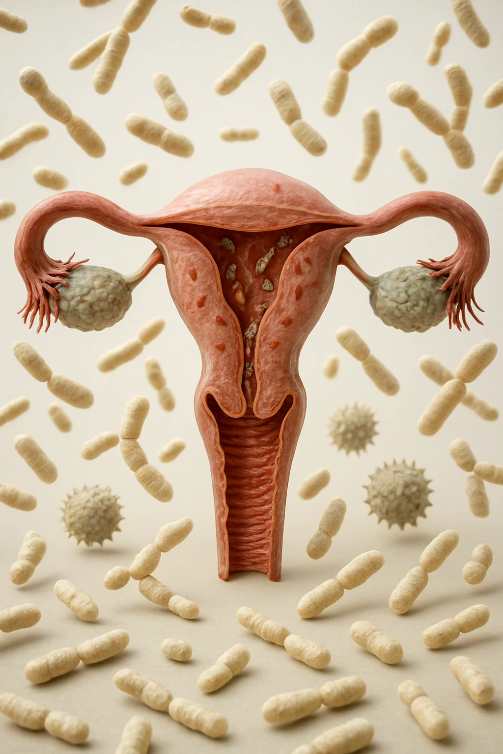 utero umano realistico con batteri della candida intorno, la foto si deve vedere per intero in formato verticale, sullo sfondo neutro chiaro ci sono batteri della candida, iperrealistico 4k emoji