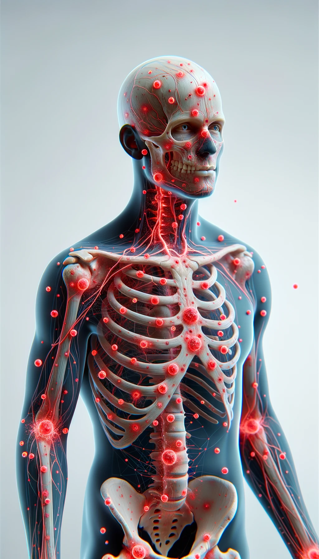 CORPO UMANO ANATOMICO CON RED SPOT DI INFIAMMAZIONE SPARSI SUL CORPO, SFONDO CHIARO, iperrealistico 4k emoji