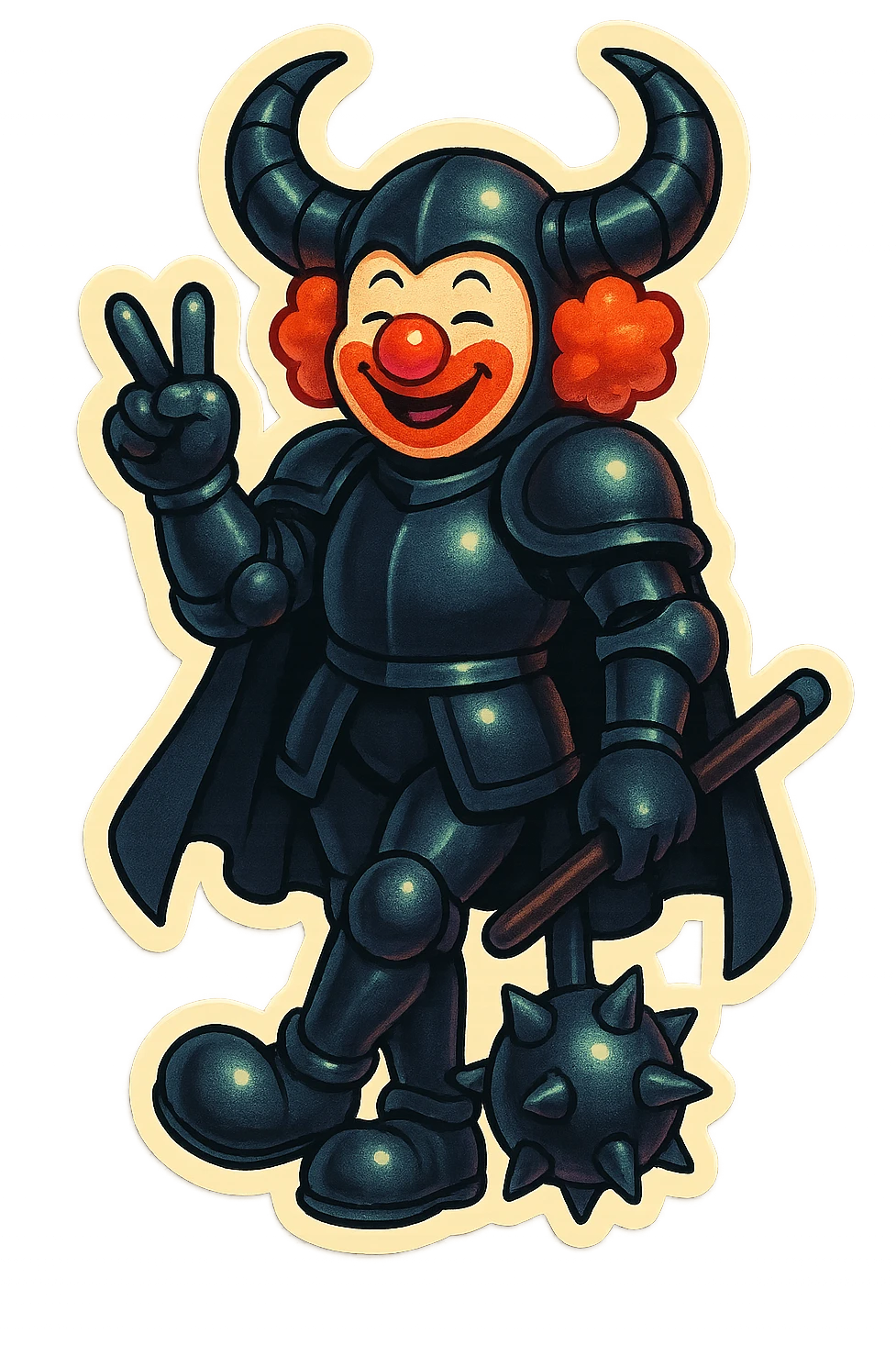 A friendly armored clown with ram horns, glossy black on matte black armor, short cape, large black clown shoes, standing with legs crossed, one arm down holding an oversized spiked mace, the other hand gesturing with a peace sign, eyes barely open, smiling, vibrant retro stickers style, no yellow aged tint, full body, transparent background emoji