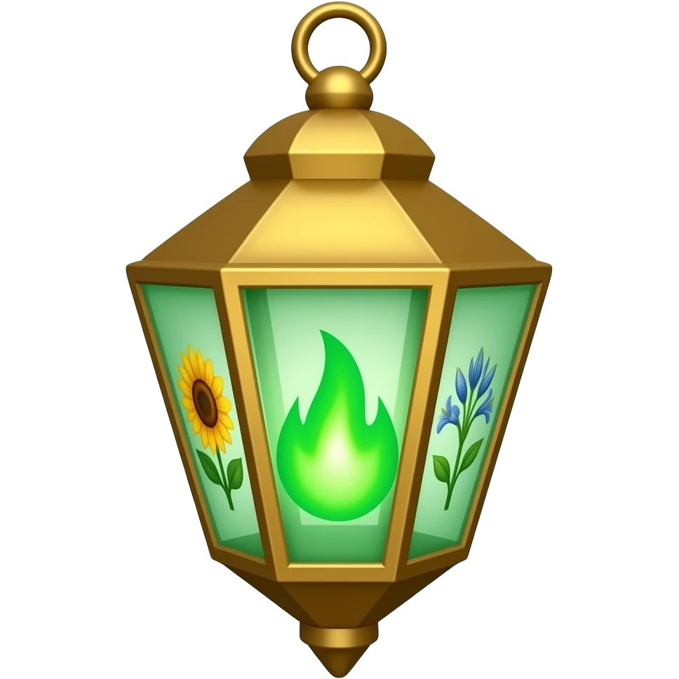 A golden hanging lantern with a bright emerald flames, an empty loop on top, sunflower & asphodel themed design, but simple focus more on the green flames, paint the glass more green, have its bottom point come to some sort of point emoji